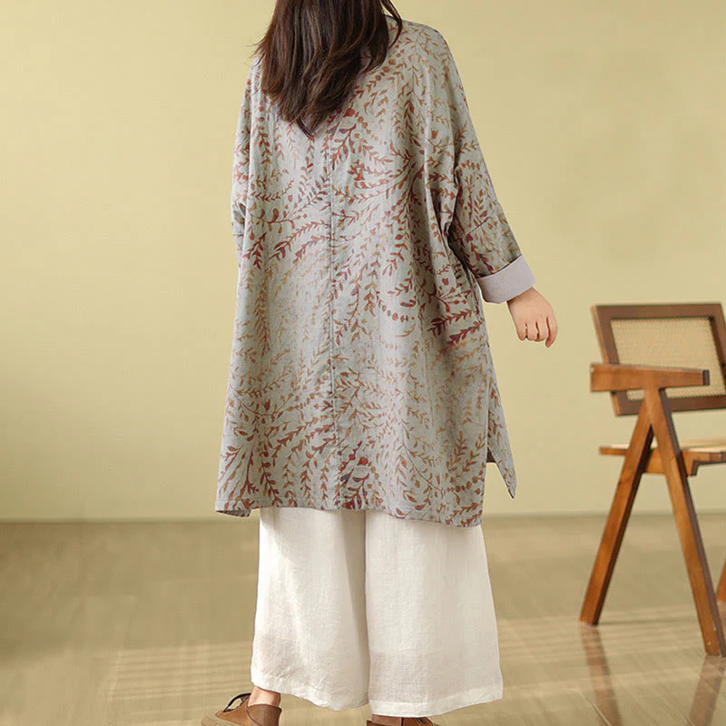 Buddha Stones Frog-button Vine Leaves Women's Cotton Linen Coat With Pockets