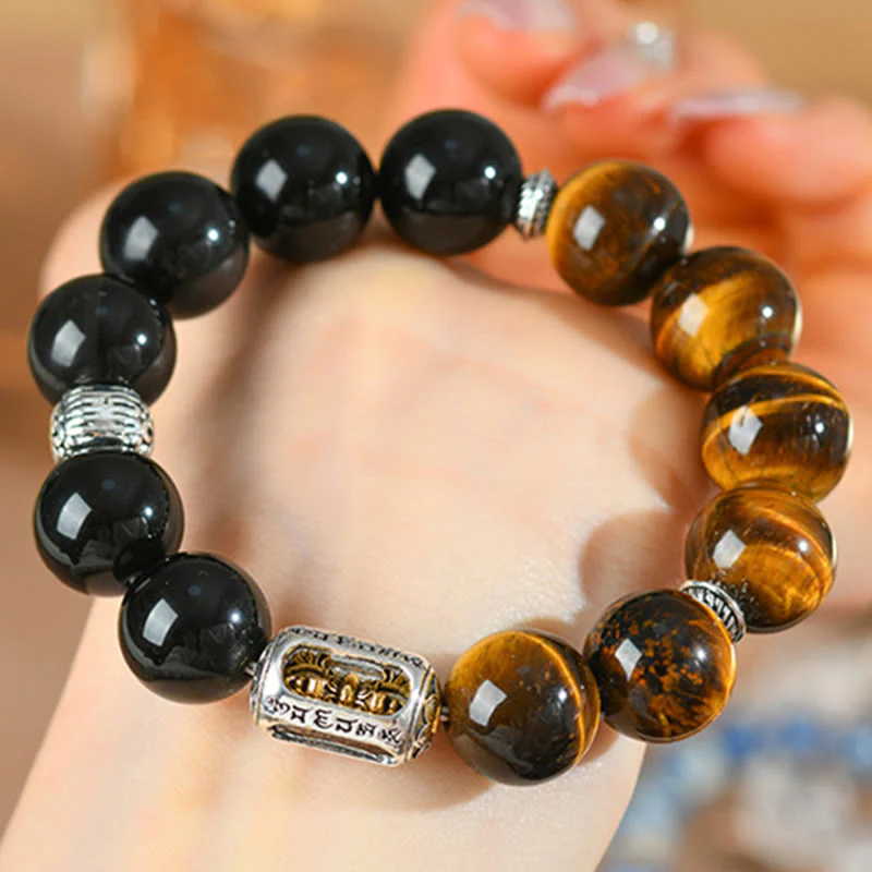 Buddha Stones Natural Silver Sheen Obsidian Tiger Eye Vajra Protection Bracelet