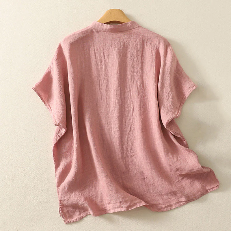 Buddha Stones Summer Plain Red Buttons Short Sleeve Women's Cotton Linen Shirt