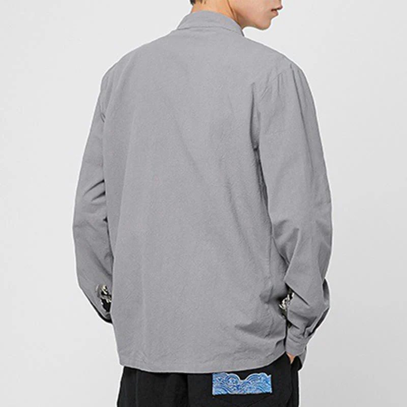 Buddha Stones Men's Frog-Button Dragon Pattern Cuffs Cotton Long Sleeve Shirt