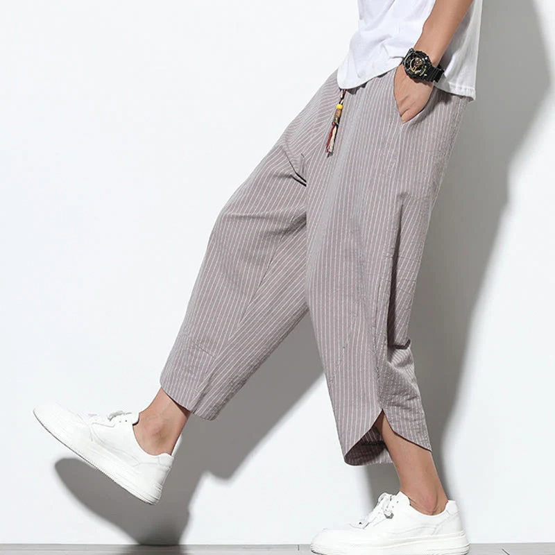 Buddha Stones Summer Stripes Pattern Drawstring Cotton Linen Men's 7-8 Length Harem Pants With Pockets