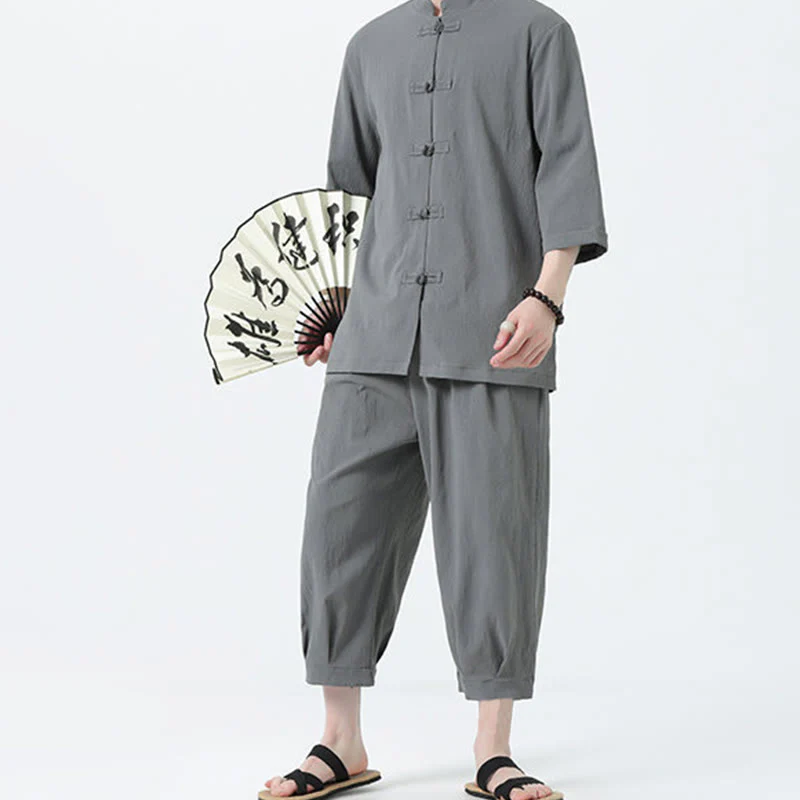 Buddha Stones 2Pcs Solid Frog-Button Three Quarter Sleeve Shirt Pants Men's Set