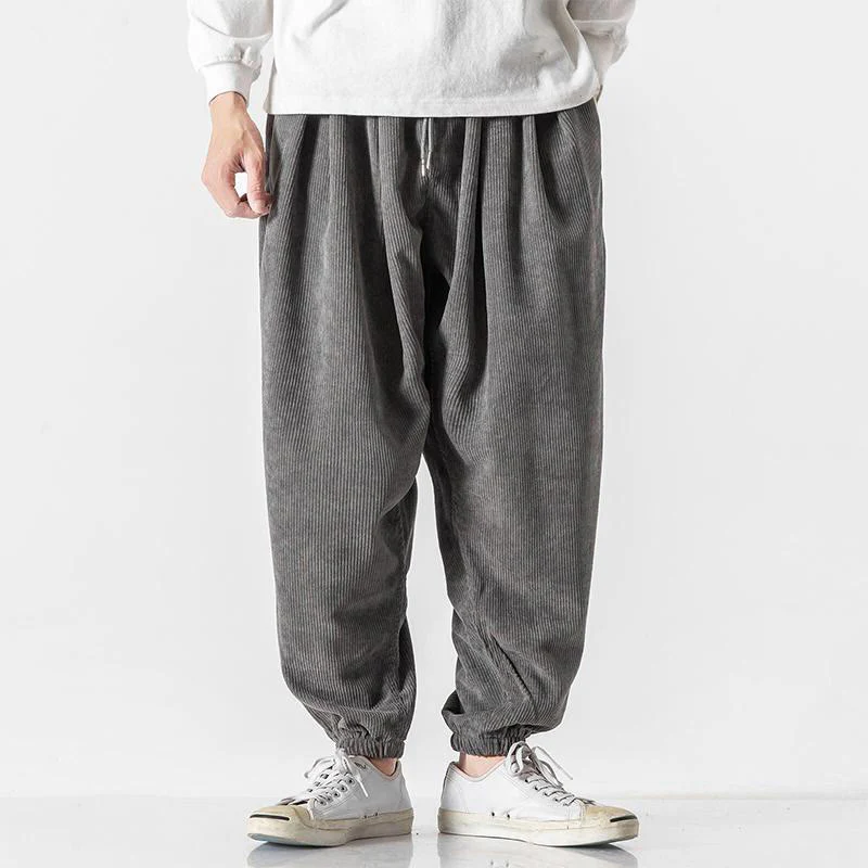 Buddha Stones Casual Pure Color Men's Drawstring Corduroy Harem Ankle-Length Pants With Pockets