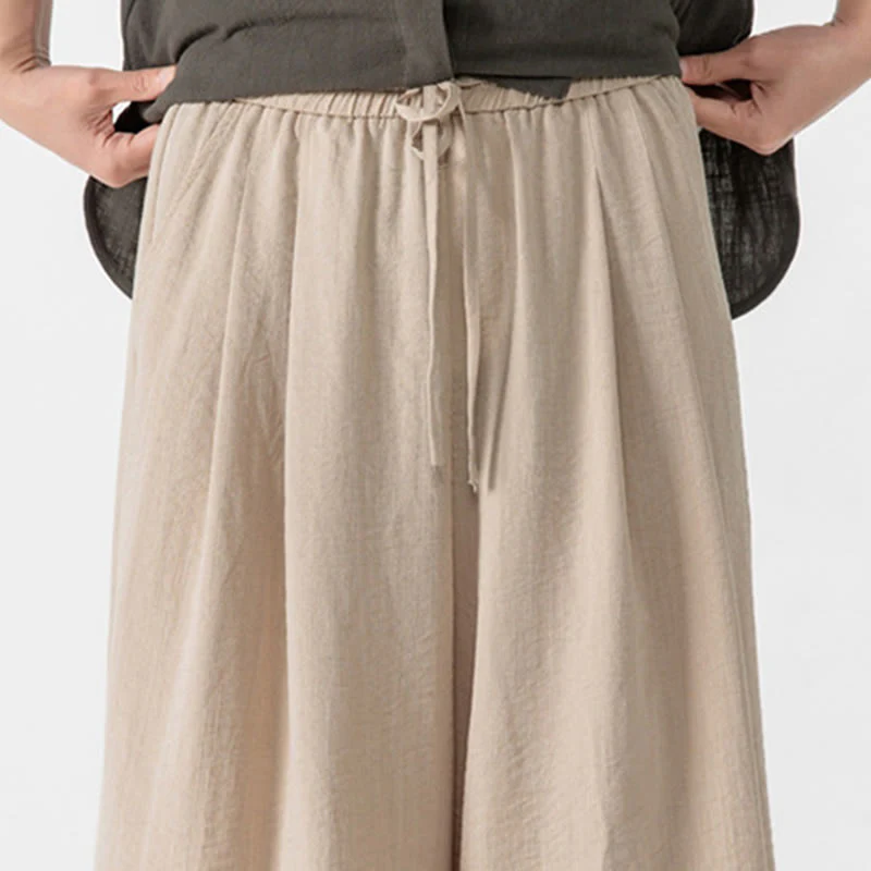 Buddha Stones Casual Loose Frog-Button Plain Men's Cotton 7-8 Length Wide Leg Pants With Pockets