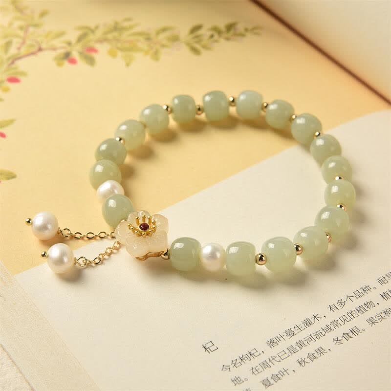 Buddha Stones Hetian Jade Flower Pearl Happiness Abundance Bracelet