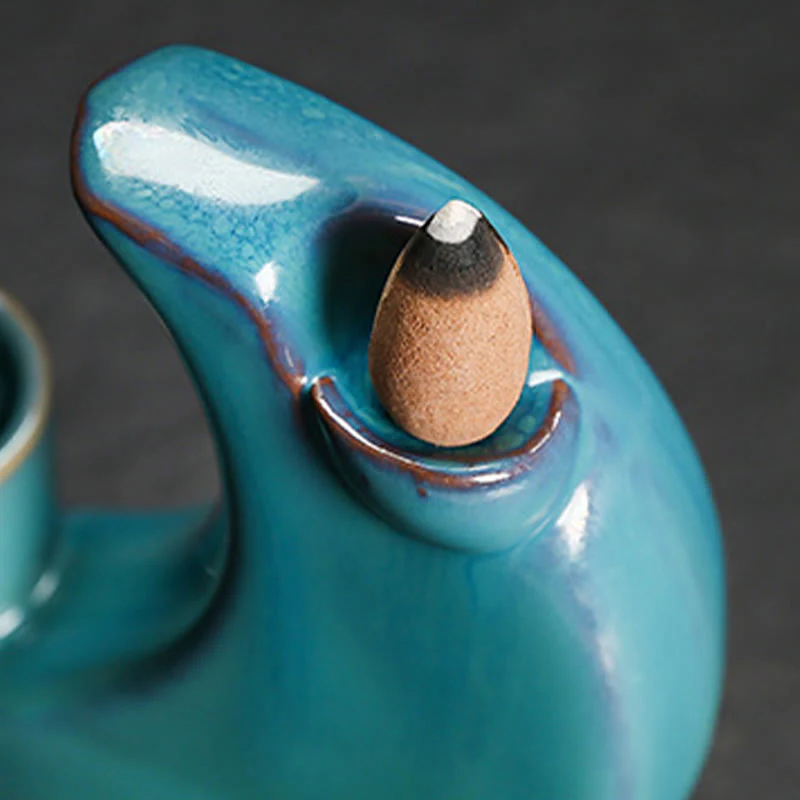 Buddha Stones Blue Crescent Moon Ceramic Backflow Smoke Fountain Meditation Candlestick Incense Burner Decoration