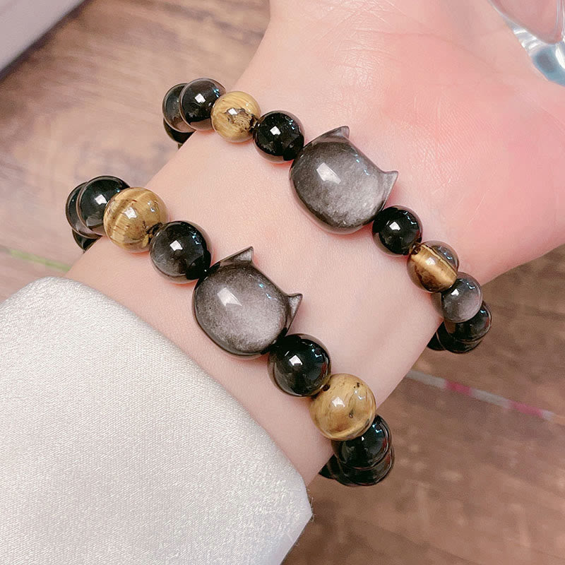 Buddha Stones Natural Silver Sheen Obsidian Beads Cute Cat Soothing Bracelet