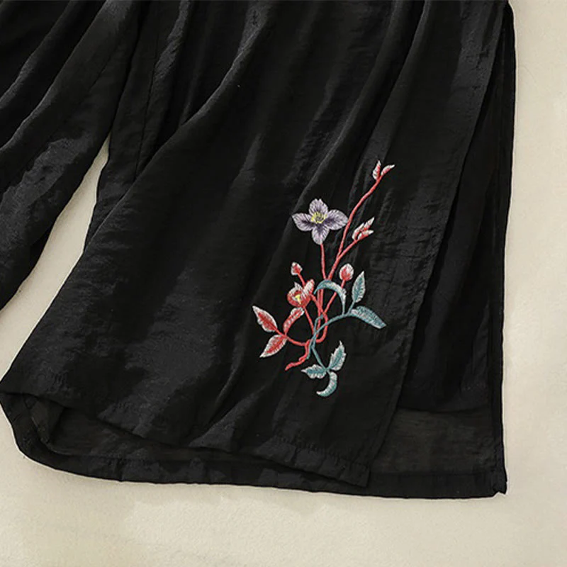 Buddha Stones Artistic Embroidery Flower Double Layer Chinese Frog Button Split Cotton Linen Women's Wide Leg Pants