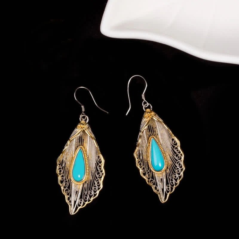 Buddha Stones 925 Sterling Silver Turquoise Bodhi Leaf Pattern Protection Drop Dangle Earrings