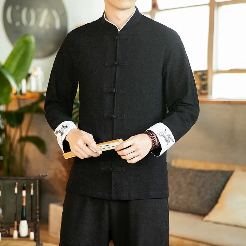 Buddha Stones Tang Suit Frog-Button Crane Embroidery Long Sleeve Cotton Men's Shirt