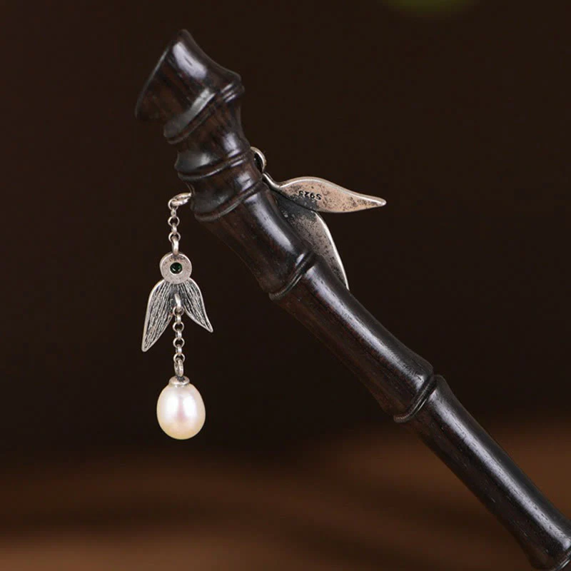 Buddha Stones 925 Sterling Silver Red Sandalwood Ebony Bamboo Power Hairpin