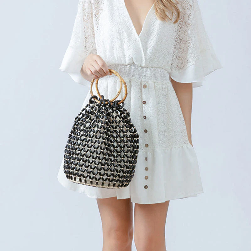 Buddha Stones Hand-woven Wooden Beads Bamboo Handle Shoulder Bag Handbag