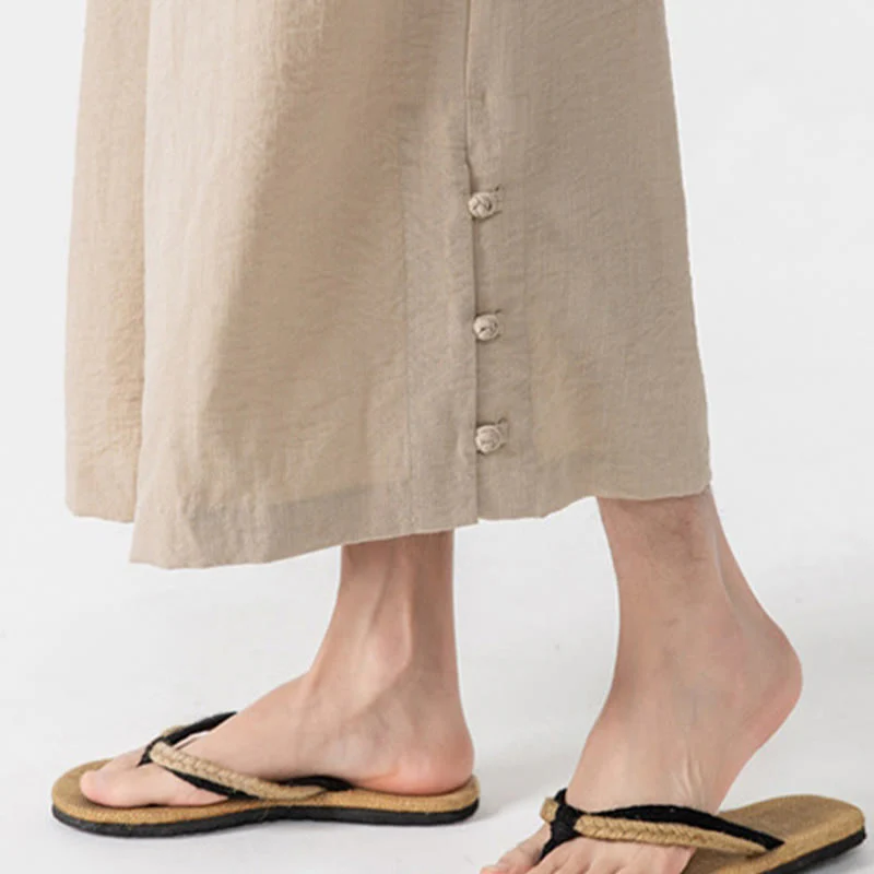 Buddha Stones Casual Loose Frog-Button Plain Men's Cotton 7-8 Length Wide Leg Pants With Pockets