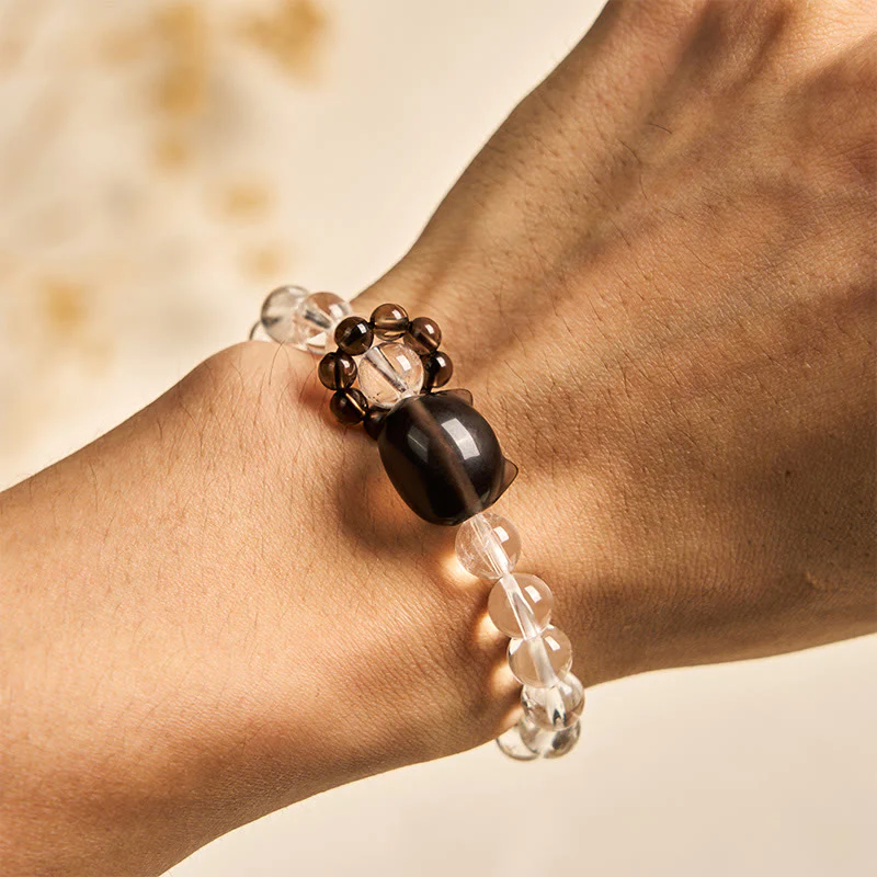 Buddha Stones Japanese Bobtail Cat Natural White Crystal Smoky Quartz Protection Bracelet