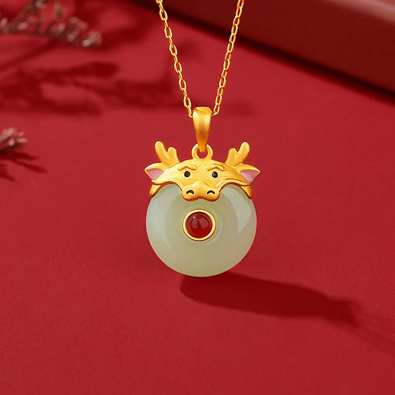 Buddha Stones 925 Sterling Silver Hetian Jade Chinese Zodiac Year of the Dragon Red Agate Luck Protection Necklace Pendant