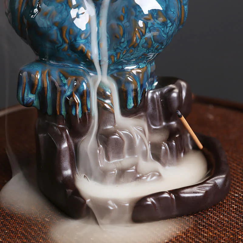 Buddha Stones Cute Owl Ceramic Backflow Smoke Fountain Meditation Healing Incense Burner Decoration
