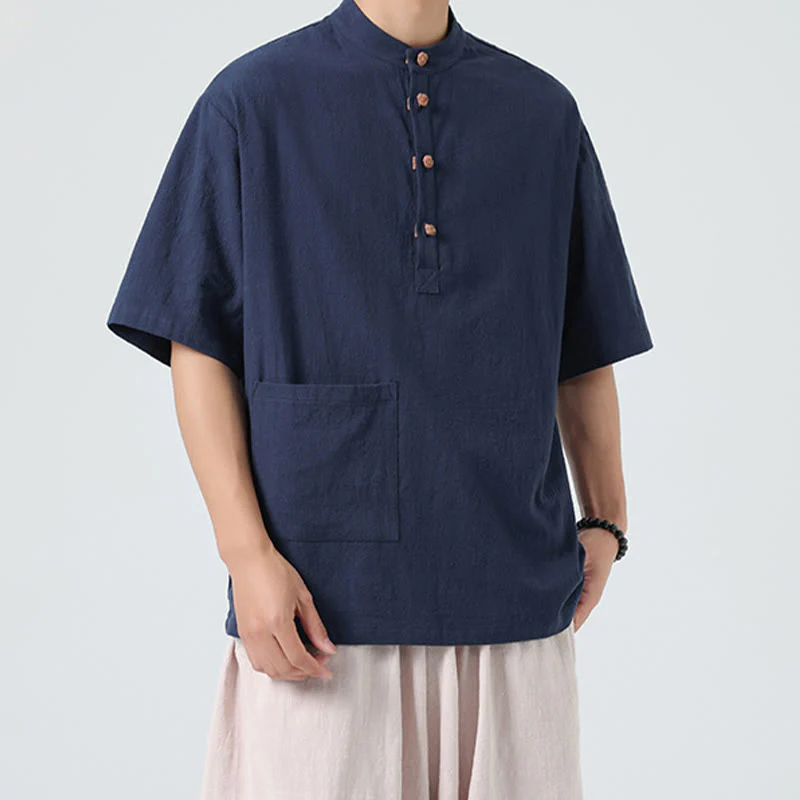 Buddha Stones Casual Half Frog-Button Design Stand Collar Tang Suit Men's Half Sleeve Cotton Shirt With Pocket