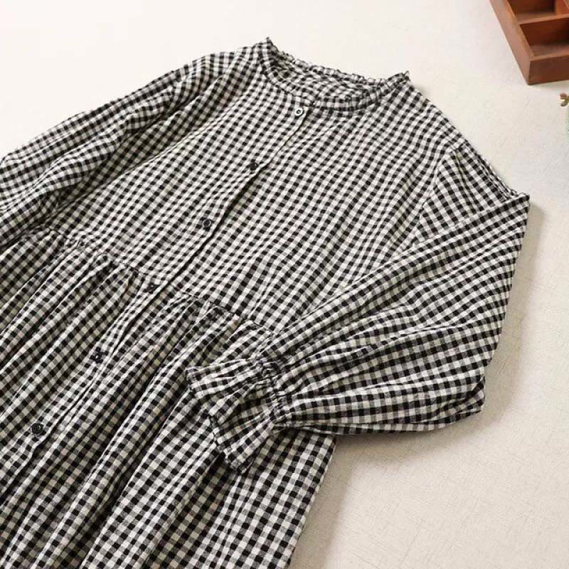 Buddha Stones Casual Plaid Simple Buttons Ruffled Design Cotton Linen Midi Dress With Pockets