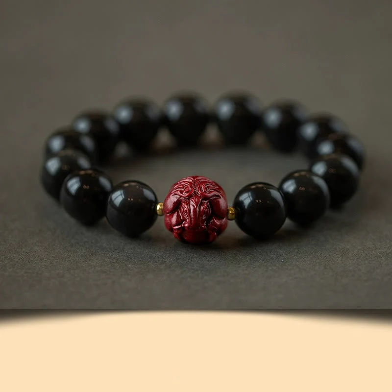 Buddha Stones Chinese Zodiac Natural Black Obsidian Cinnabar Purification Bracelet