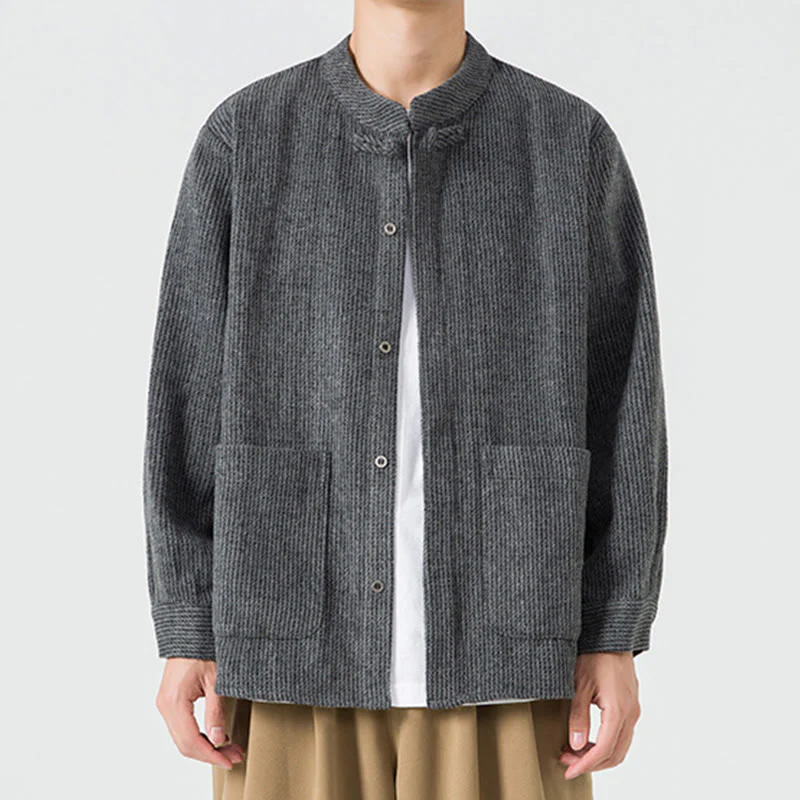 Buddha Stones Long Sleeve Frog-button Design Men's Cotton Jacket Shirt With Pockets
