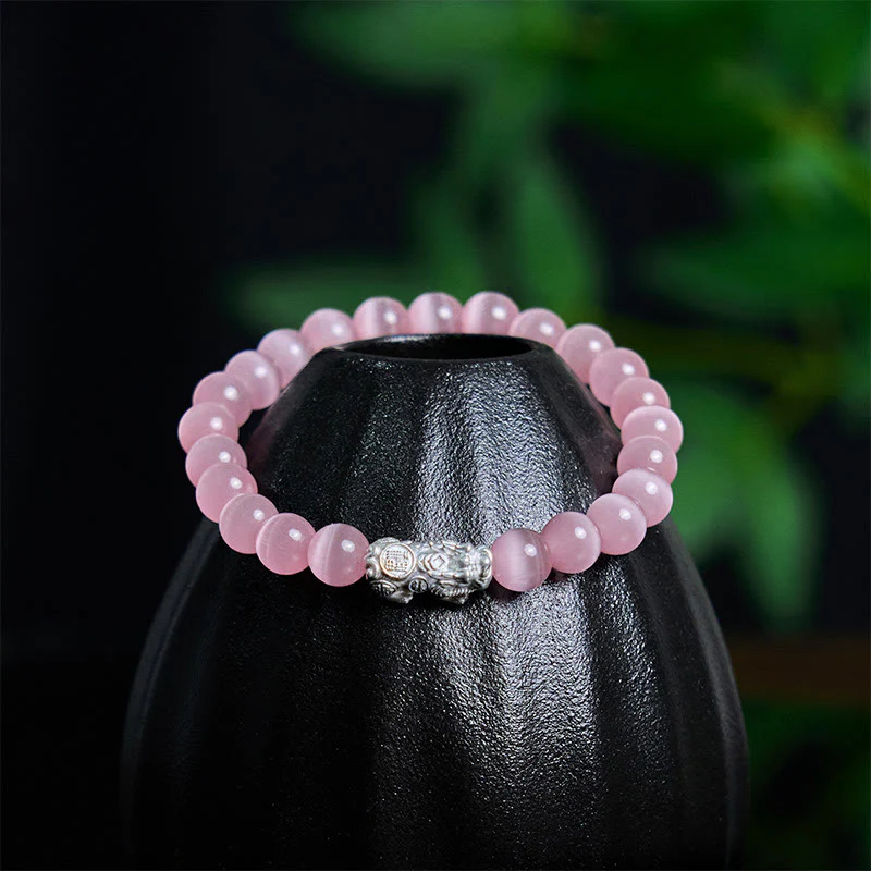 Buddha Stones Natural Cat's Eye Beads 990 Sterling Silver Pixiu Positive Bracelet