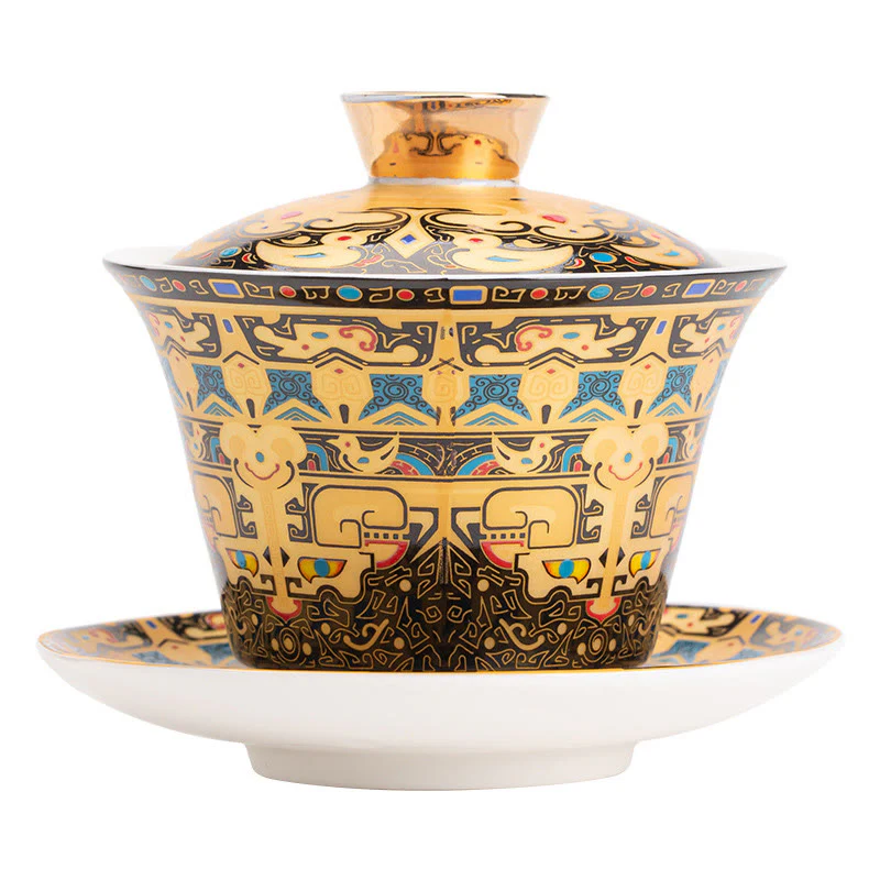 Buddha Stones Thangka Dragon Buddhas Dunhuang Ceramic Gaiwan Sancai Kung Fu Tea Cup And Saucer With Lid Gift Box 180ml