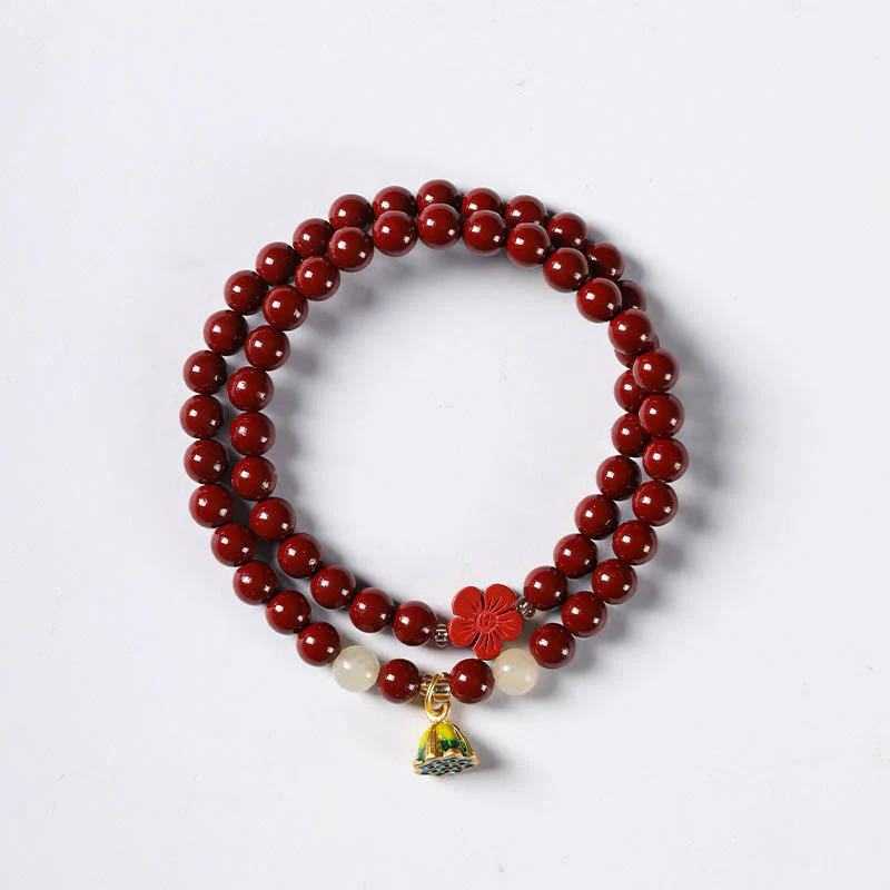 Buddha Stones Cinnabar Lotus Charm Double Wrap Blessing Bracelet