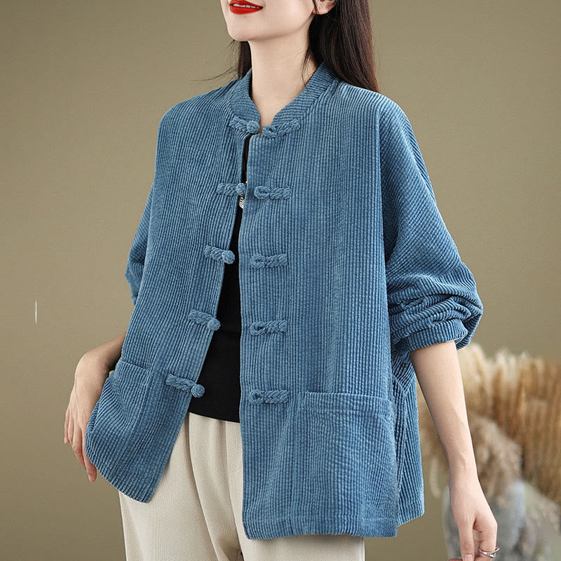 Buddha Stones Frog-button Stand Collar Women's Cotton Linen Corduroy Jacket