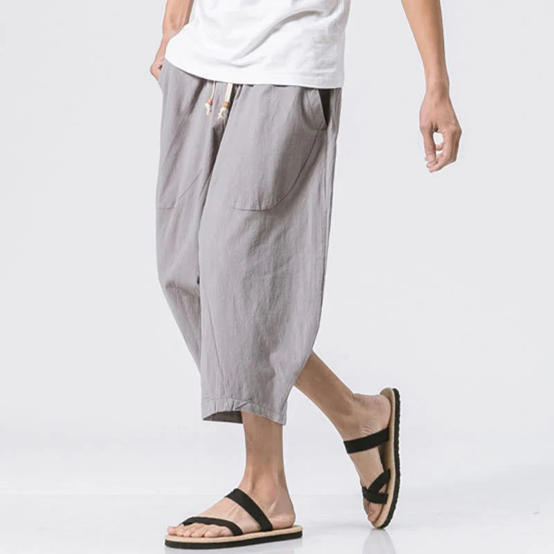 Buddha Stones Summer Casual Simple Plain Design 7-8 Length Men's Cotton Linen Drawstring Pants With Pockets