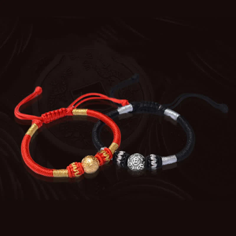 Buddha Stones 999 Sterling Silver Round Copper Coin Protection Luck Beaded String Bracelet