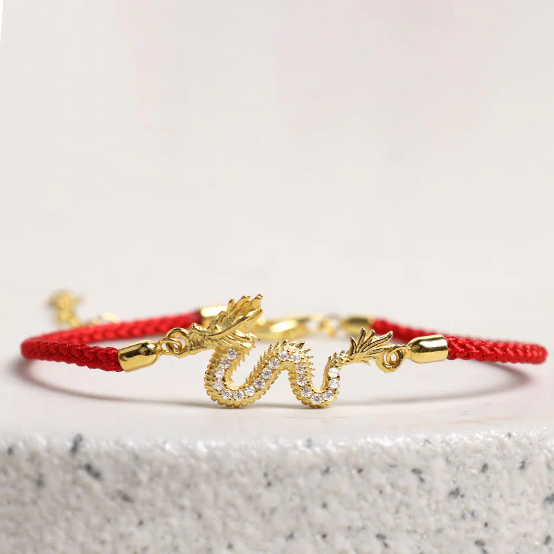 Buddha Stones 925 Sterling Silver Year Of The Dragon Auspicious Golden Dragon Luck Red Rope Chain Bracelet