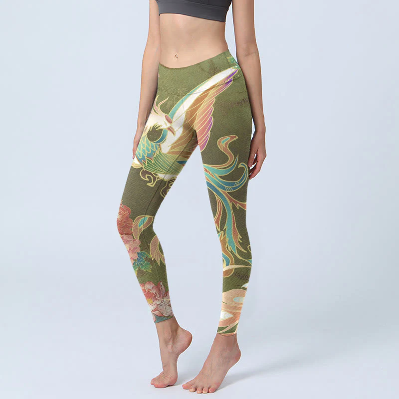 Buddha Stones Vibrant Phoenix Flowers Print Gym Leggings Women's Yoga Pants