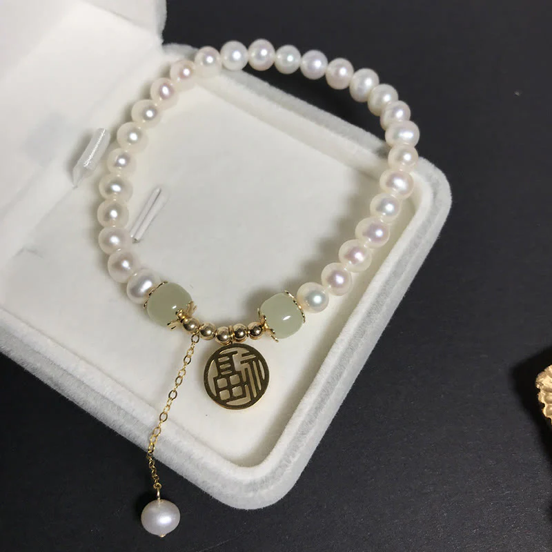 Buddha Stones Natural Pearl Hetian Jade Happiness Wisdom Bead Bracelet