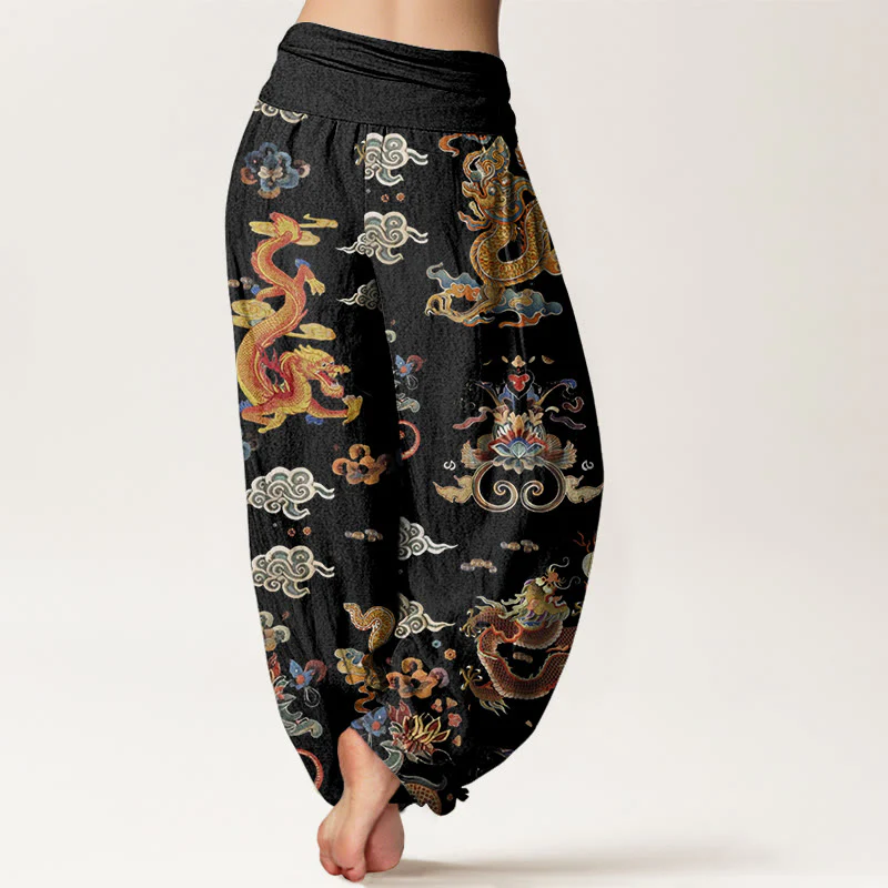 Buddha Stones Golden Dragons Auspicious Clouds Design Women's Elastic Waist Harem Pants