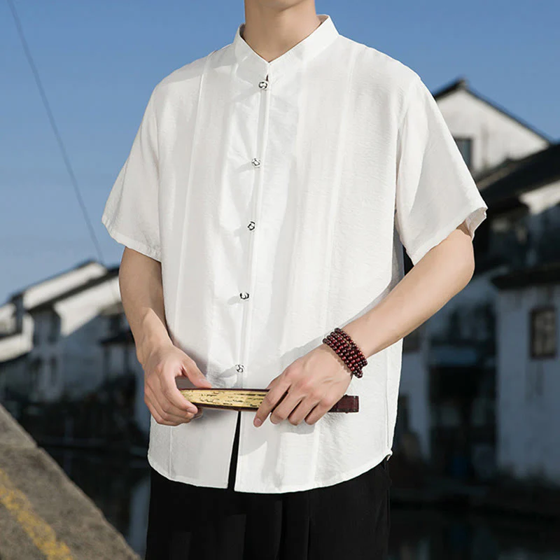 Buddha Stones Summer Solid Color Front Button Design Men's Half Sleeve Cotton Shirt