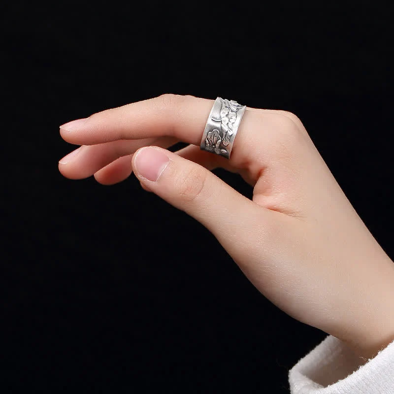 Buddha Stones 999 Sterling Silver Luck Koi Fish Lotus Heart Sutra Wealth Ring