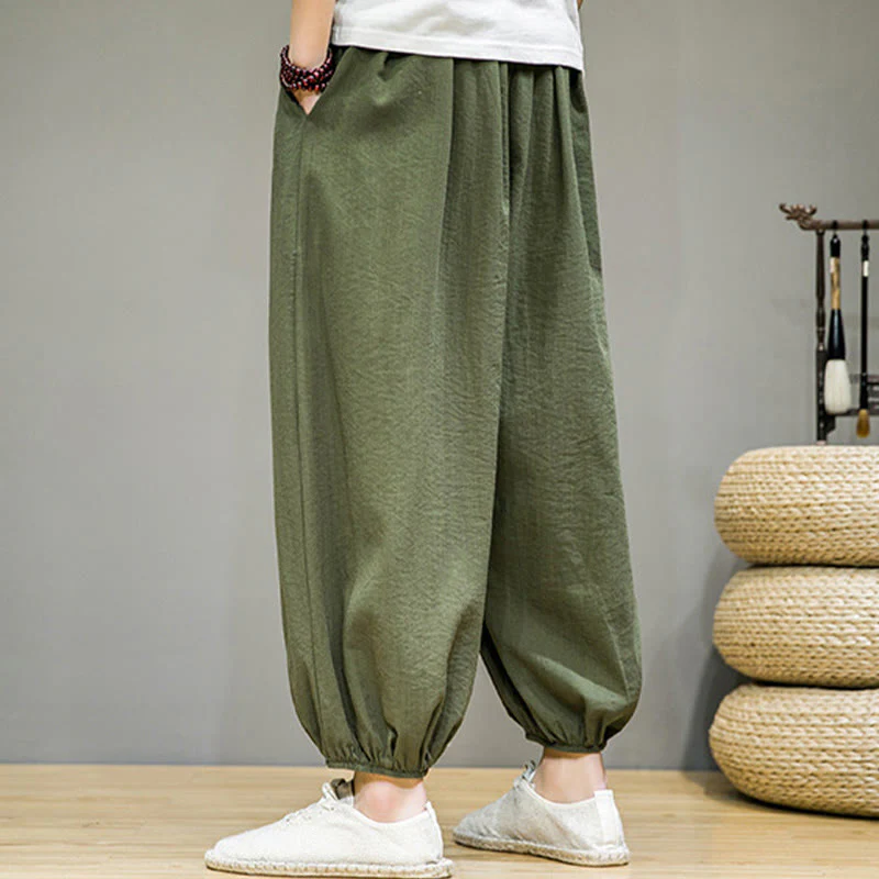 Buddha Stones Summer Plain Drawstring Men's Ankle-Length Cotton Harem Pants With Pockets
