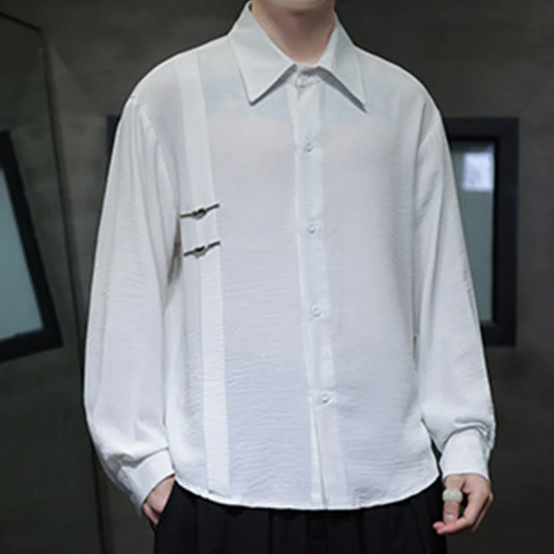 Buddha Stones Plain Buttons Stand Collar Long Sleeve Men's Cotton Shirt