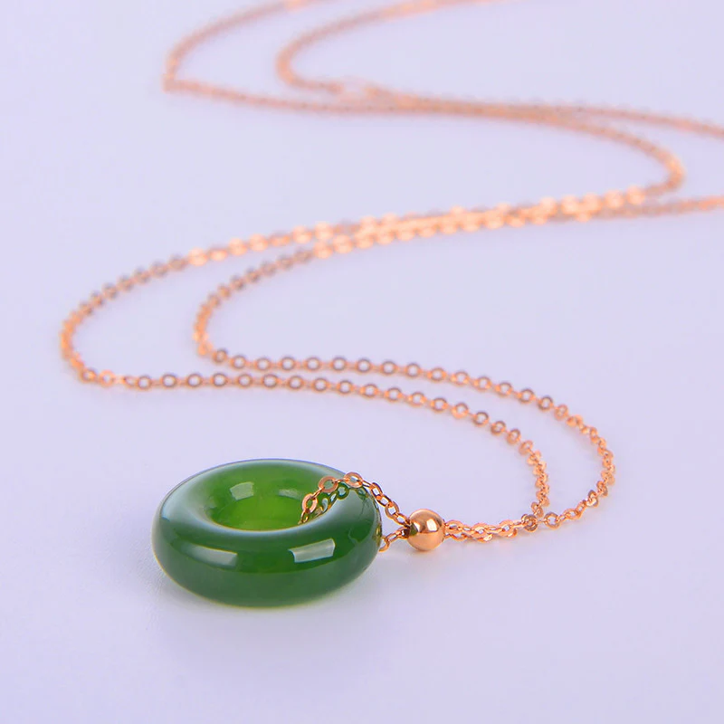 Buddha Stones Round Cyan Jade Healing 14K Gold Necklace Pendant
