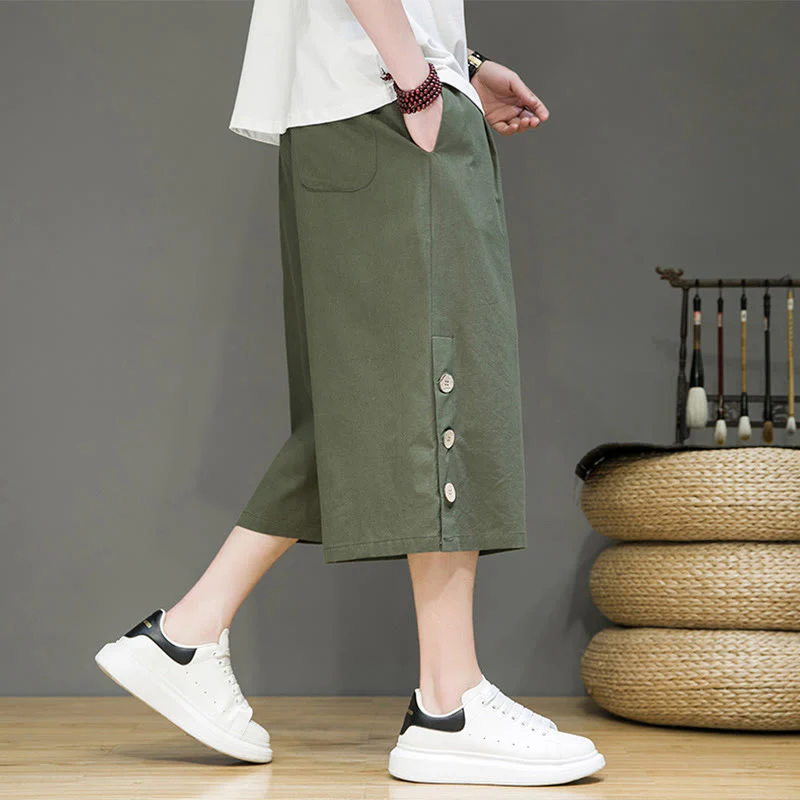 Buddha Stones Casual Plain Side Button Design Drawstring Men's Cotton Cropped Pants With Pockets