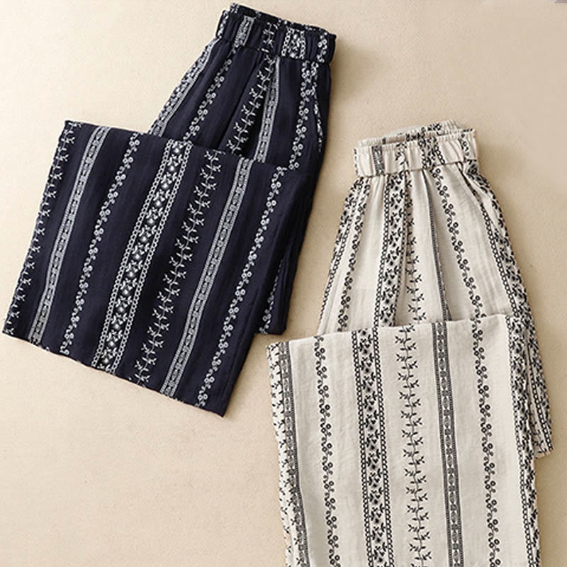 Buddha Stones Casual Vertical Printing Cotton Linen Women's Wide Leg Pants With Pockets