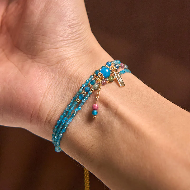 Buddha Stone 3mm Natural Apatite Ultra-thin Beads 14k Gold Plated Copper Creativity Triple Wrap Bracelet