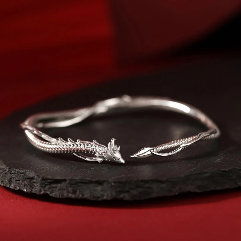 Buddha Stones 925 Sterling Silver Year of the Dragon Design Luck Metal Cuff Bracelet Bangle