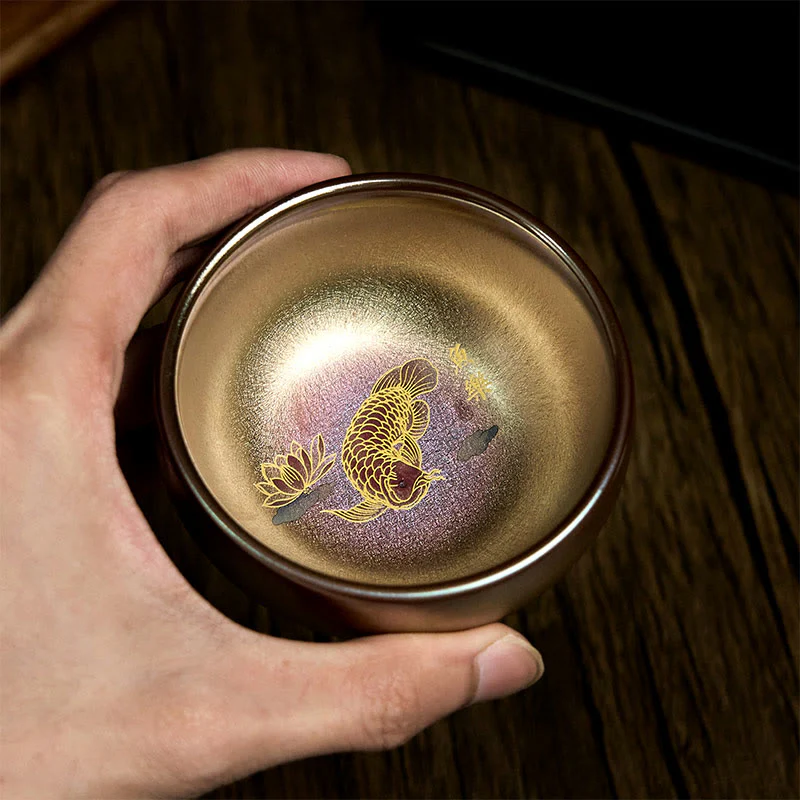 Buddha Stones Handmade Chinese Jianzhan Koi Fish Lotus Leaf Ceramic Teacup Kung Fu Tea Cup 150ml