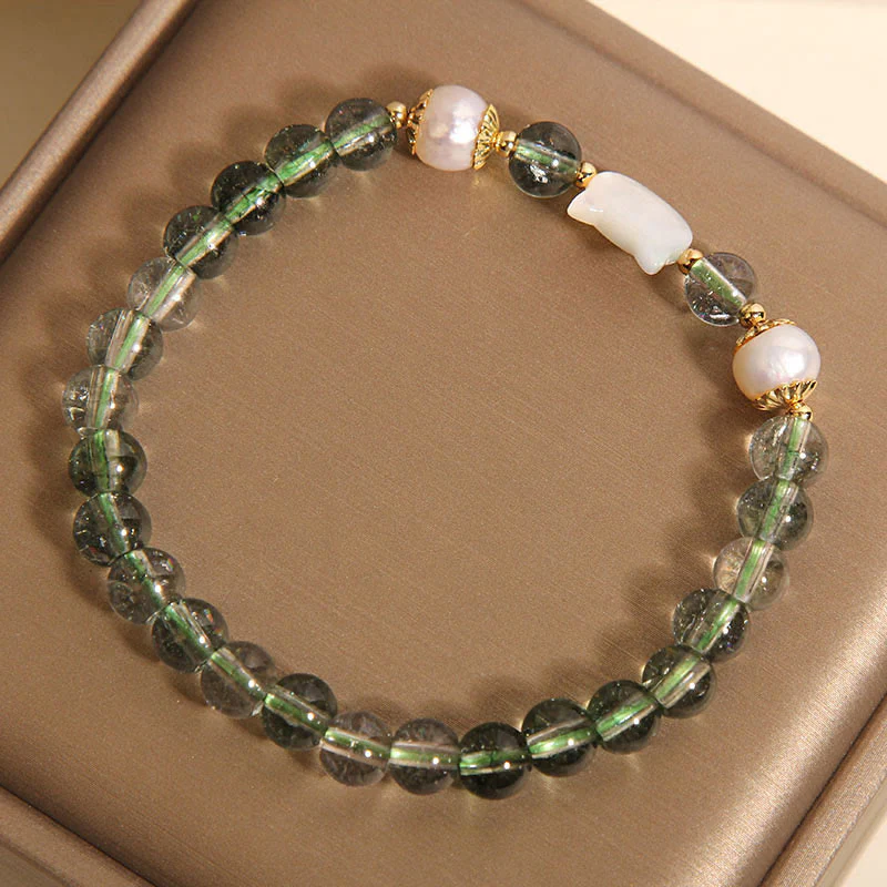 Buddha Stones Natural Green Phantom Pearl Shell Cat Head Lucky Bracelet