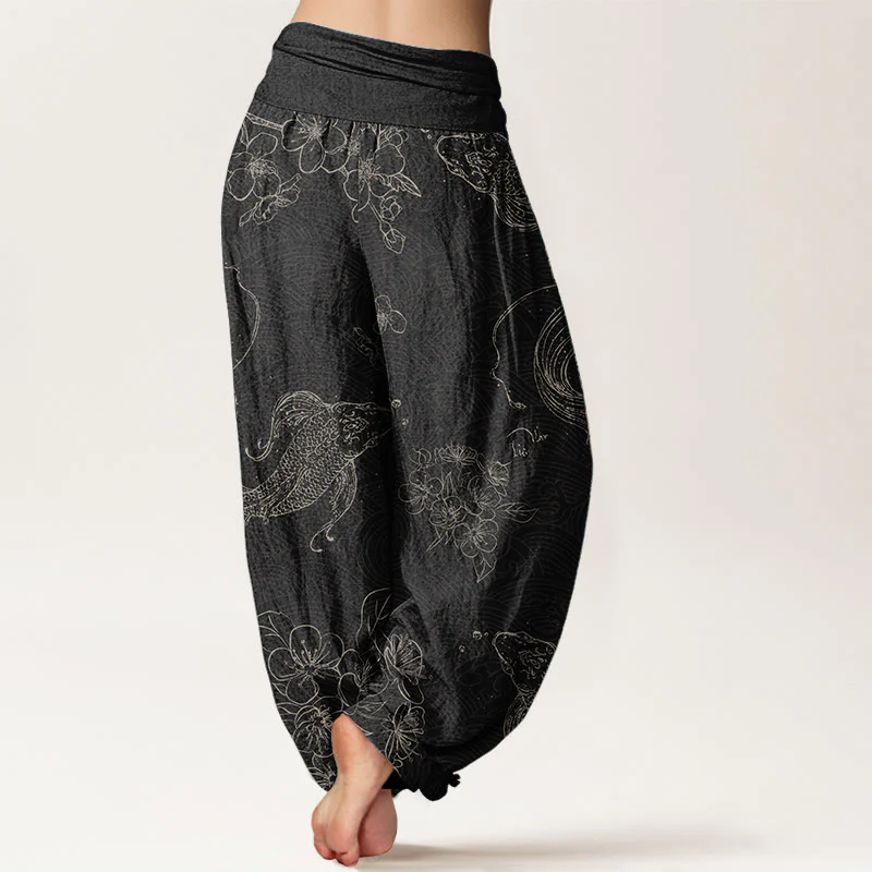 Buddha Stones Pure Cotton Koi Fish Floral Pattern Women's Elastic Waist Harem Pants