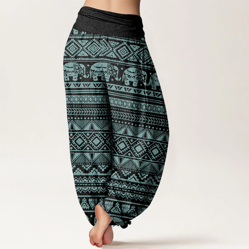 Buddha Stones Pure Cotton Casual Elephant Geometric Figure Women's Elastic Waist Harem Pants