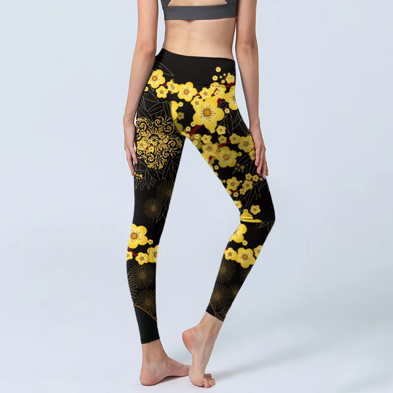 Buddha Stones Yellow Cherry Blossoms Bamboo Leaves Firework Pattern Print Gym Leggings Women's Yoga Pants