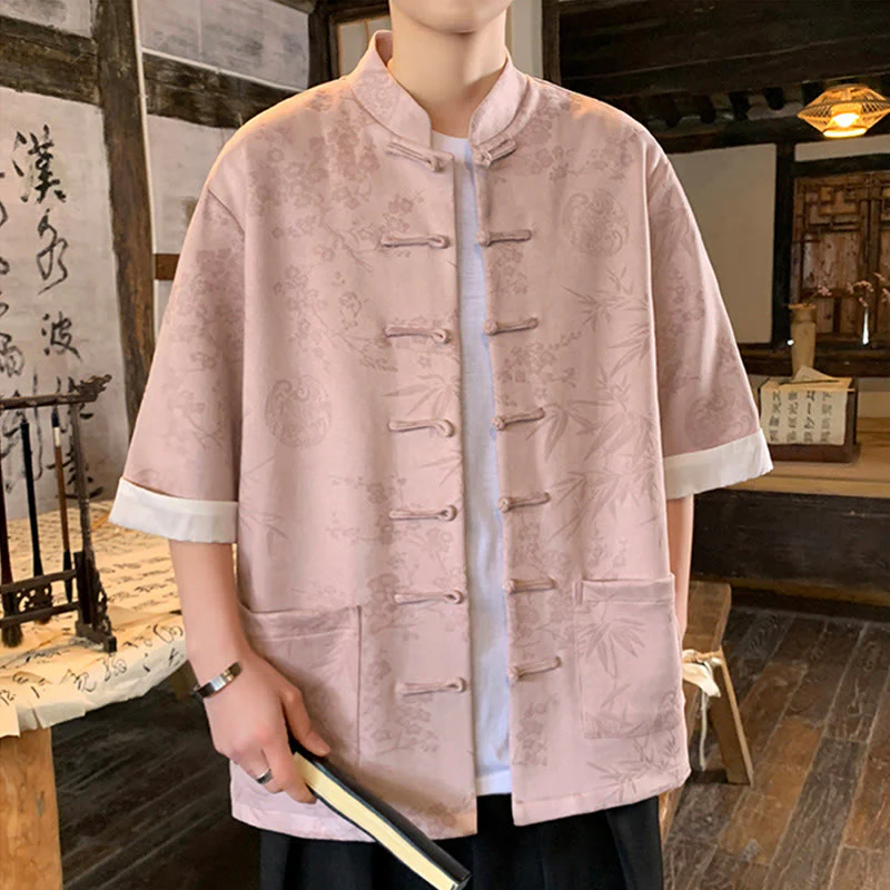 Buddha Stones Jacquard Bamboo Plum Bossom Pattern Chinese Frog-Button Design Men's Half Sleeve Cotton Shirt With Pockets