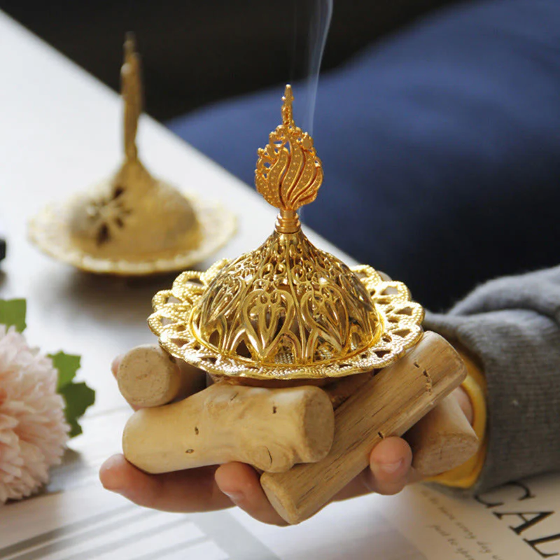 Buddha Stones Gold Alloy Healing Mini Incense Burner With Wooden Coaster Home Decor
